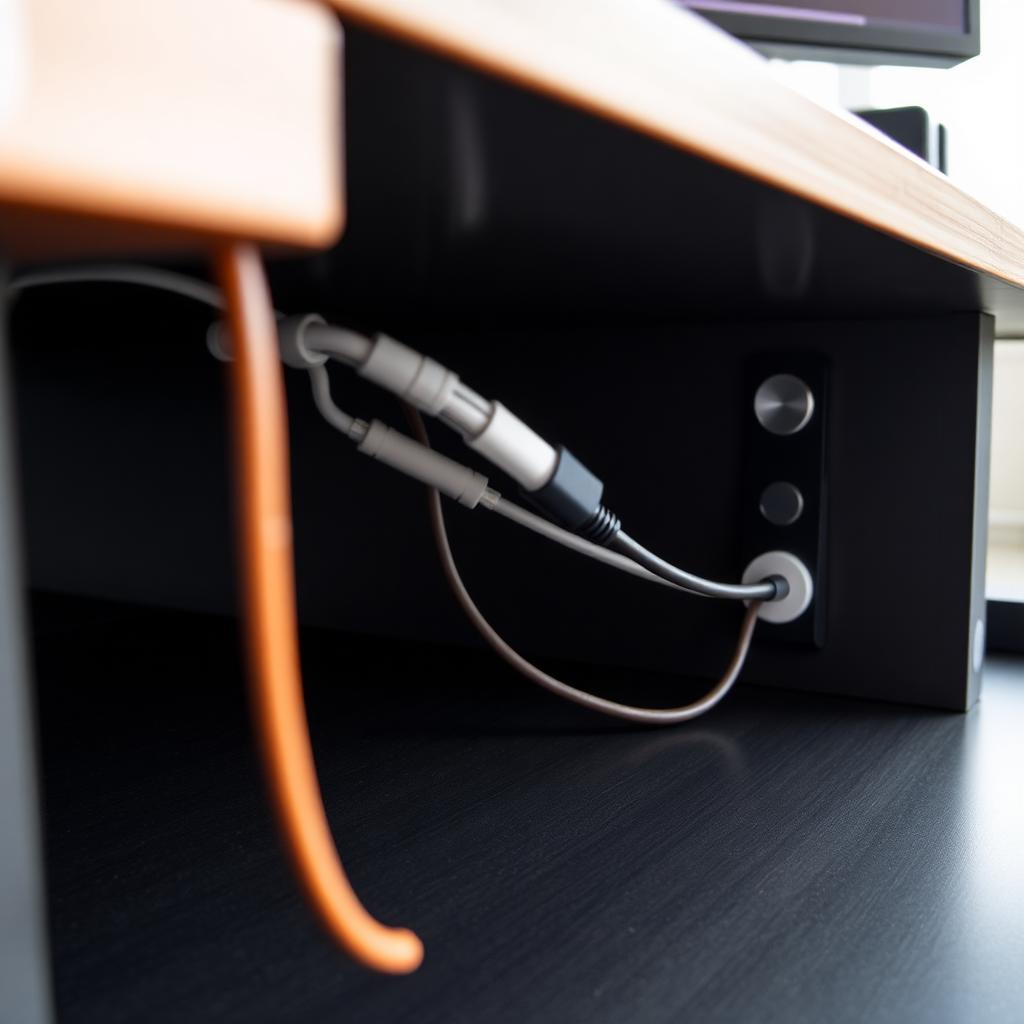 Neatly routed cables secured along the underside of a modern desk