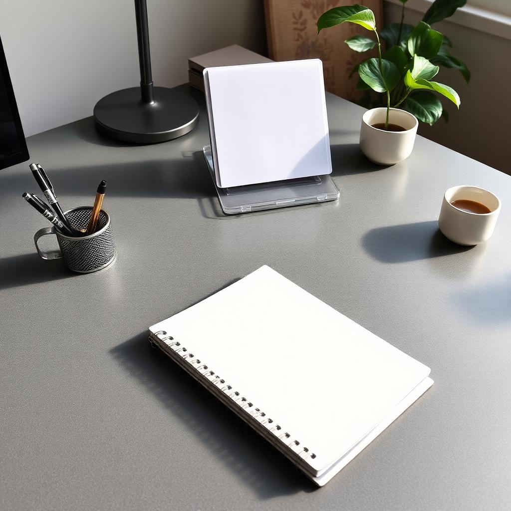 Tidy desk surface with a single notebook, pen organizer and open working space