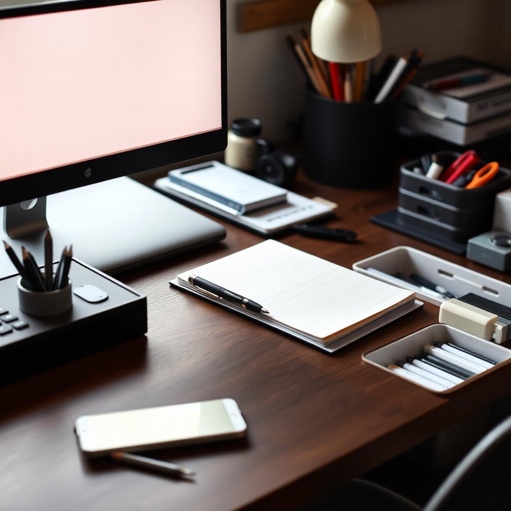 Desk arranged in zones with notebook, pen tray and supply caddy within reach