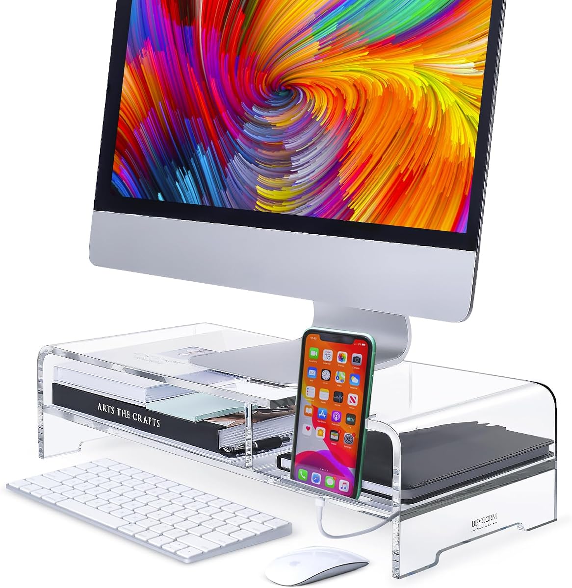 Clear acrylic monitor stand riser with a pull-out storage drawer underneath
