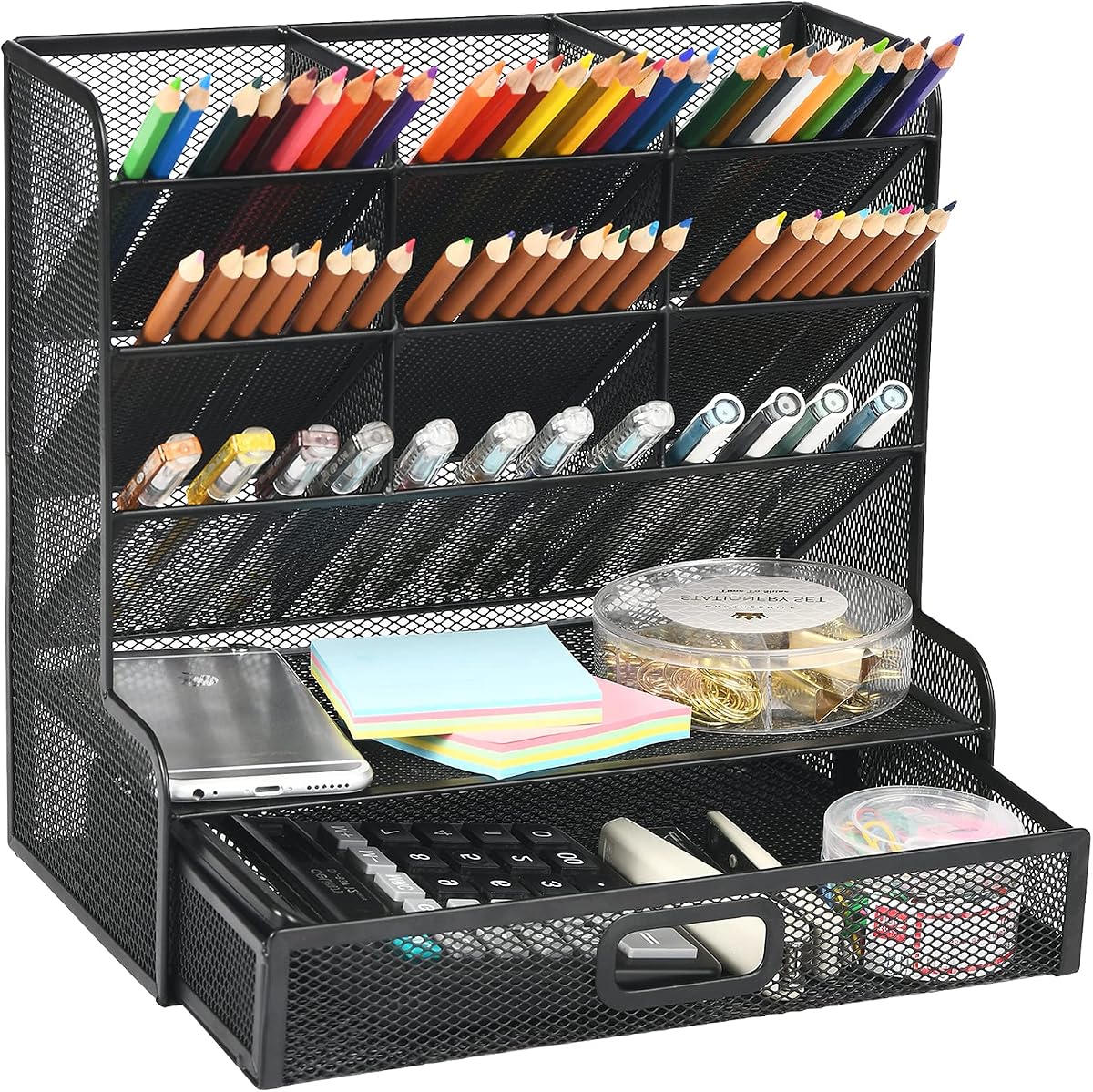 Marbrasse reversible black mesh desk organizer filled with pens, sticky notes and a drawer