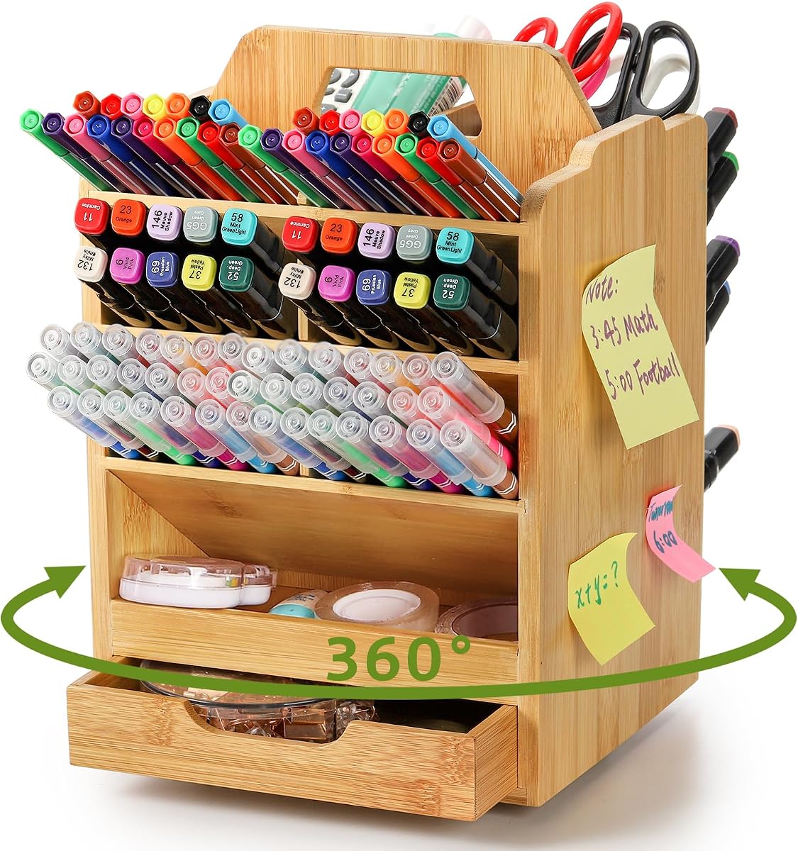 Rotating art supply storage caddy with multiple compartments for pens, markers and brushes