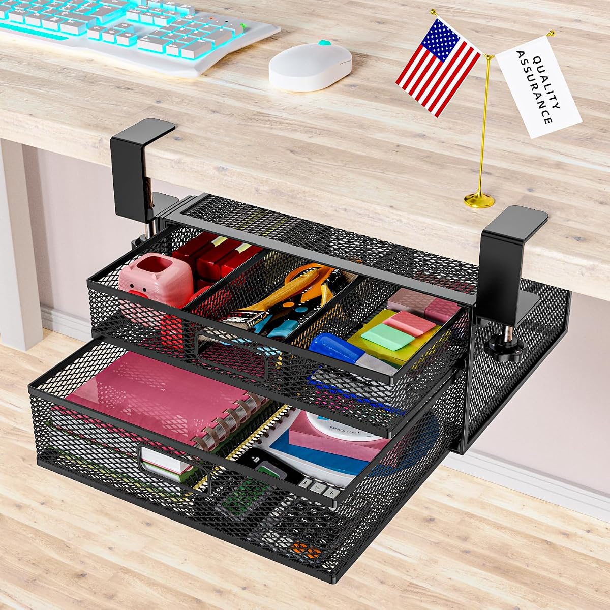 Slide out under desk drawer providing hidden storage beneath a desktop