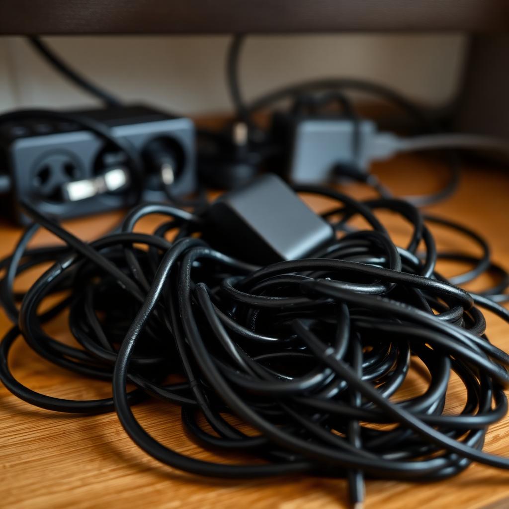 Tangled pile of black charging cables and adapters under a desk