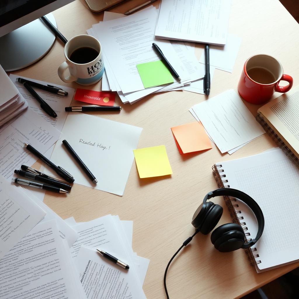 Cluttered desk surface covered with loose papers, pens, mugs and headphones