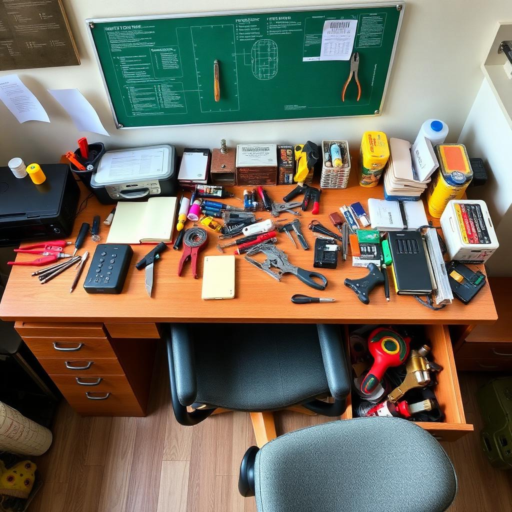 Desk with supplies scattered across the whole surface without any system